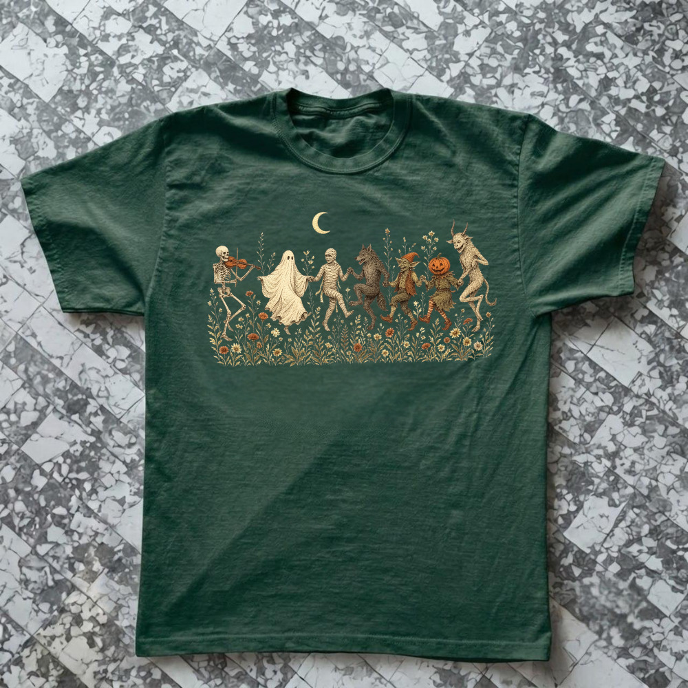 Skeleton Ghost Mummy Werewolf Goblin Pumpkin Devil Halloween Folk Art T-Shirt